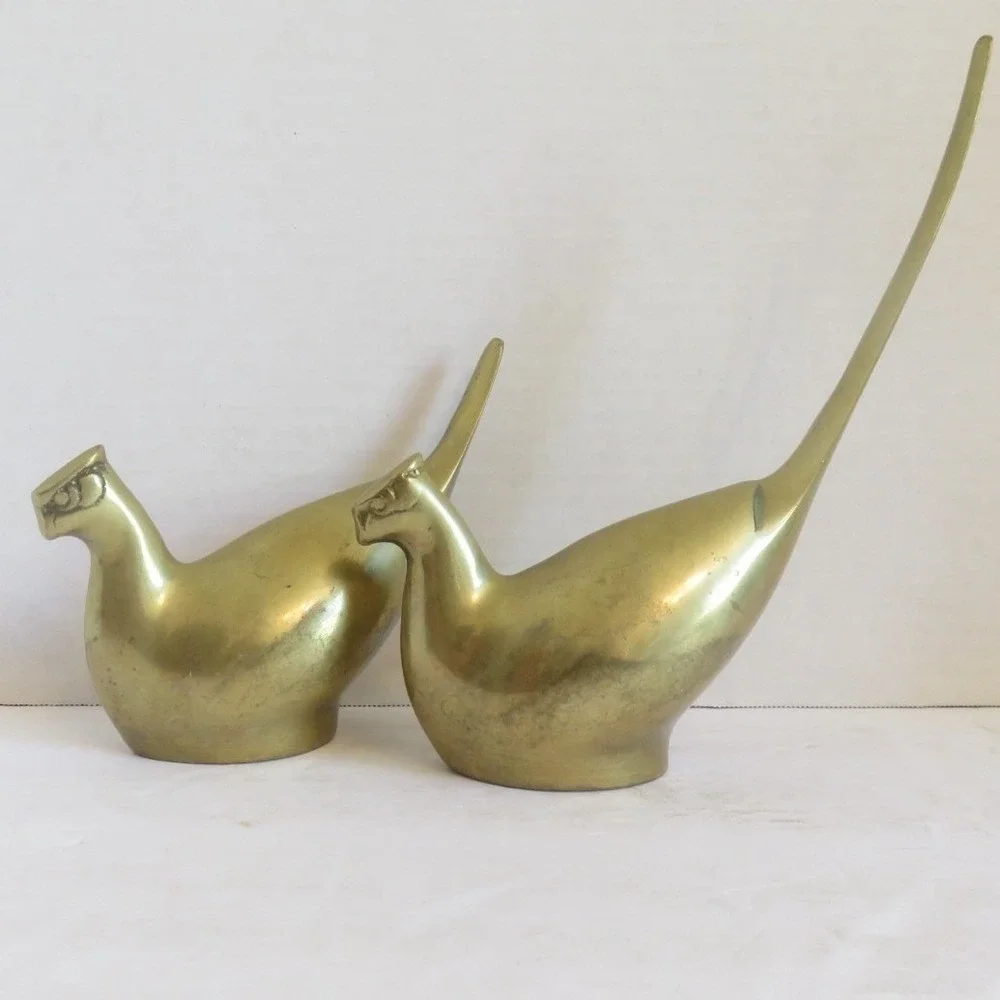 Vintage MCM Pair of Brass Birds Long Tail Pheasant‎ Figurine Set